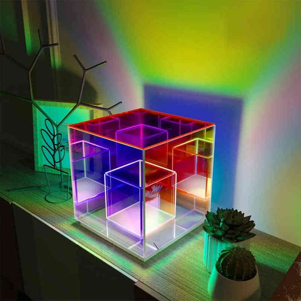 Lampe de table colorée Cube LED Lampes de table en acrylique colorées pour salon chambre à coucher nordique décor à la maison lumière lampe de chevet de nuit H220423