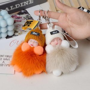 kleurrijke schattige slapende babypop sleutelhanger pompom konijnenbont bal sleutelhanger auto sleutelhanger sleutelhouder tas hanger charme accessoires