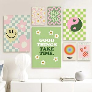 Kleurrijk Deense pastelkleurige canvas schilderen Cherry Plaid Smiley Bloem Butterfly Esthetische roze posters en print Wall Art Kinderkamer Girl Slaapkamer Home Decor No Frame WO6