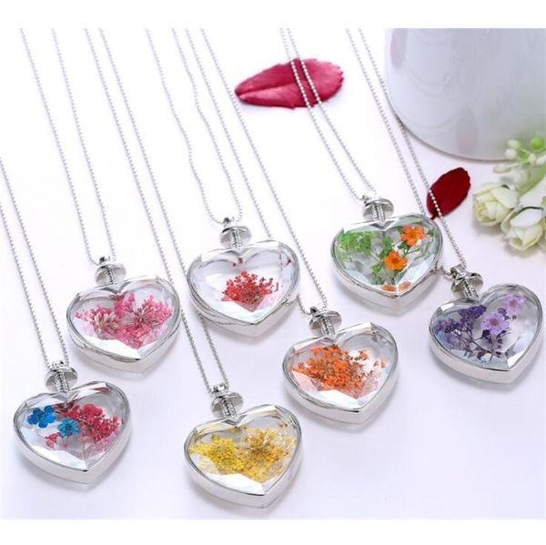 Coloré décoratif de fleurs séchées collier 21 couleur pendentif naturel fleur sèche plantes bijoux heart métal verre collier beau cadeau