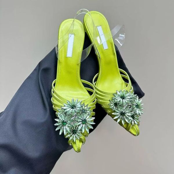 Sandales pointues en strass décoratifs colorés avec talons exposés, fines brides de cheville torsadées, talons hauts, sandales de 7 cm, chaussures de dîner pour femmes 35-42
