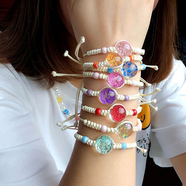 Pulsera colorida de flores secas, pulsera tejida a mano con árbol de la vida creativa, accesorios de moda ajustables