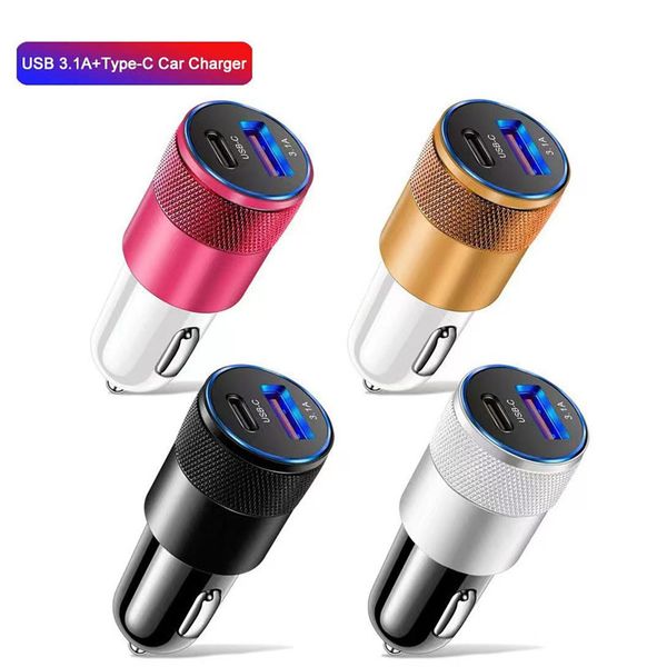 Puerto dual PD 15W QC3.0 Cargador rápido 3.1A USB Tipo C Cargador de coche Adaptador de teléfono móvil de aleación de aluminio para iPhone 15 14 13 12 11 Pro Max con bolsas Opp