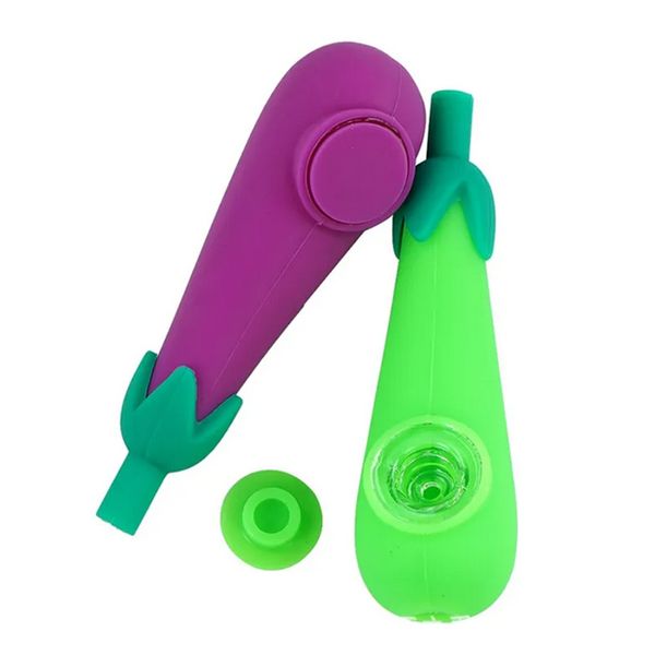 Style d'aubergine coloré Silicone fumer main tuyau herbe tabac huile plates-formes verre trou filtre bol Portable handpipes cigarette main support tube