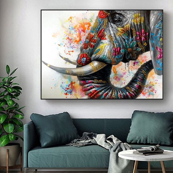 Cuadros de elefantes coloridos, pintura en lienzo, carteles de animales e impresiones, arte de pared para sala de estar, decoración moderna del hogar 2867