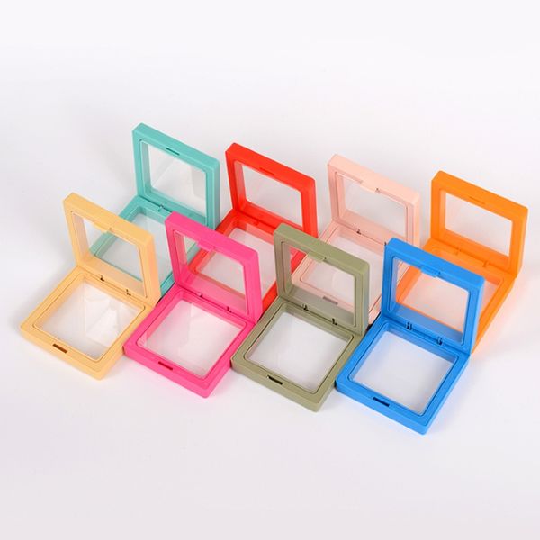 Colorido Vacío PET Membrana caja Soporte Flotante Vitrina Pendiente Gemas Anillo Joyero Suspensión Cajas de embalaje