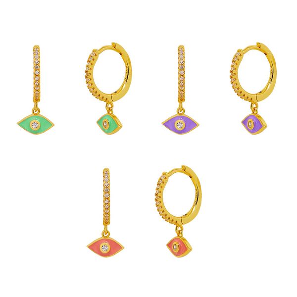 Boucles d'oreilles à tige en émail coloré pour femmes Evil Eyes Moon Pendentif Charms Neon Round Circle Jewelry Argent sterling 925 Aiguille Strass Huggie Boucle d'oreille Piercing