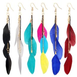 Pendientes colgantes de plumas de colores, cadena larga bohemia Vintage con flecos, pendientes de gotas de agua de hadas con temperamento, joyería India Bohemia