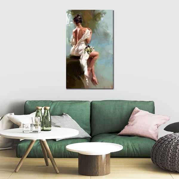 Figure colorée peinture sur toile dos nu avec fleur blanche oeuvre unique artisanale décor à la maison pour chambre