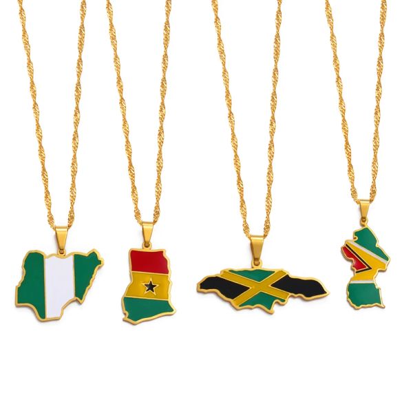 Colliers avec pendentif en émail, drapeaux colorés du Nigeria, du Ghana, de la jamaïque, de la Guyane, cartes en or blanc 14 carats, bijoux nationaux