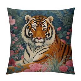 Colorful Flower Animal Print Tiger Farmhouse Sofa Pillowcase Animal Tiger Stripe Floral White Cushion Cover Chic Euro Sham Pillow with Zipper for Living Room