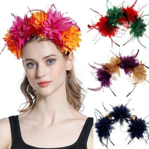 Diadema de plumas de flores coloridas con cuentas para fiesta de Halloween, banda para el cabello a la moda, aro para el cabello, accesorios para el cabello de rendimiento