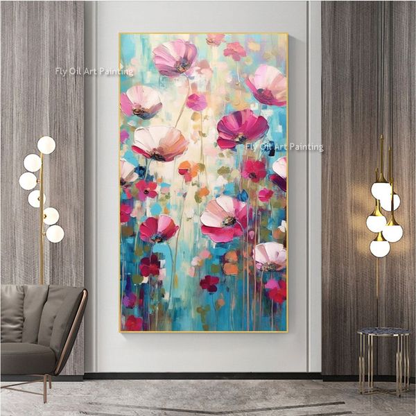 Fleurs colorées 100% peinture à l'huile faite à la main sur toile bleue mur art fleur peinture abstraite paysage floral peinture pour décoration intérieure