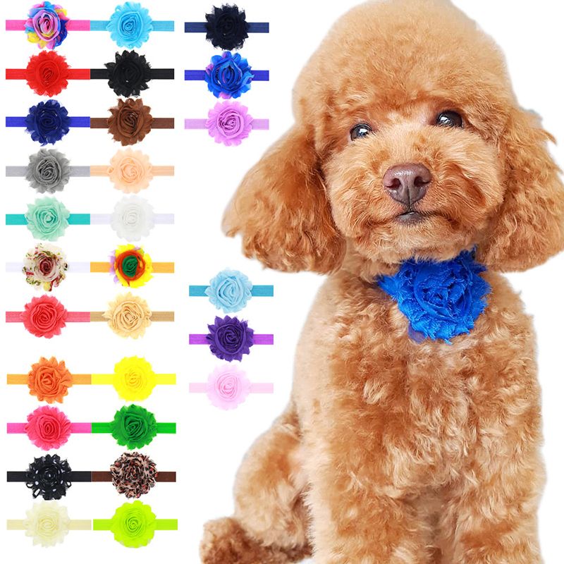 Solid color Flowers Pet Dog Collars Elastic Band Bowties for Puppy Collar Necktie Grooming Accessories