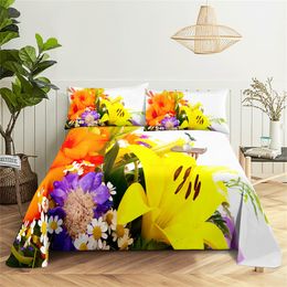 Fleurs colorées Set Fille de feuille, amants de chambre à coucher Siglets de lit et taies d'oreiller