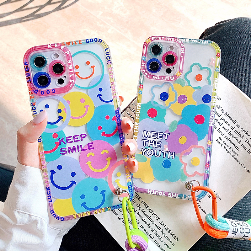 Colorful Flowers Smile Strap Lanyard Phone Cases For iPhone 13 Pro Max 12 11 X XS XR 7 8 Plus Cute Fashion Transparent Soft Cover