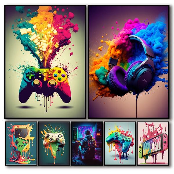 Controlador de juegos colorido, impresiones de carteles artísticos de pared, cuadro estético nórdico, pintura en lienzo, decoración para el hogar y la sala de estar, auriculares Cyberpunk L01