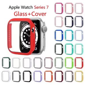 Coque en verre coloré pour Apple Watch Series 7 6 5 4 3 2 1 45mm 41mm 42mm 44mm 40mm 38mm PC dur HD trempé Bumper Screen Protector Cases iwatch Full Covers
