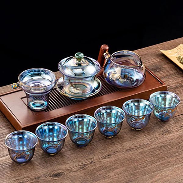Taza de té de vidrio de colores resistente al calor, juego de ceremonia de Kung Fu chino con fugas Gaiwan, taza de café para oficina, uso doméstico 240102