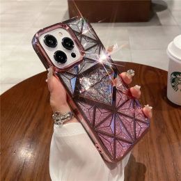 Funda de teléfono con patrón de diamante 3D con purpurina colorida para iPhone 13, 11, 12, 14, 15 Pro Max, cubierta trasera suave de TPU brillante con gradiente chapado