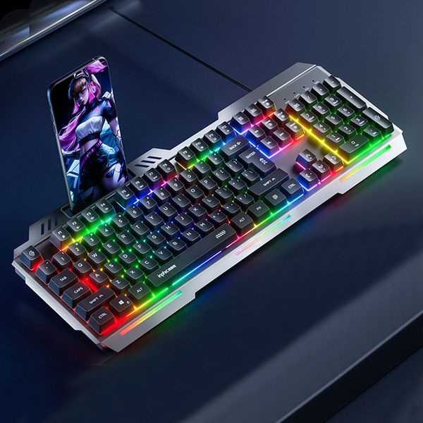 Teclado mecánico de metal brillante colorido, teclado para juegos de deportes electrónicos con cable, herramienta de entrada para ordenador portátil y de escritorio
