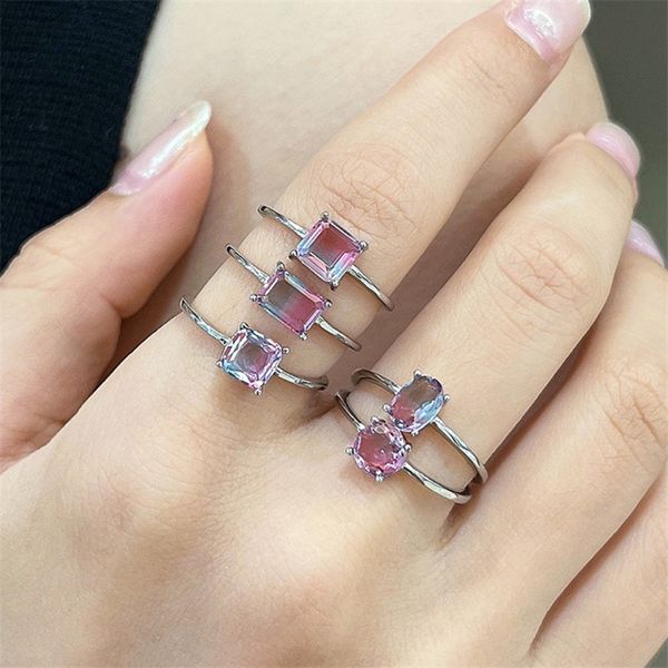 Anillo de bodas colorido gradualmente variado Diseñador de joyas para mujer Lujo Plata de ley 925 Cuadrado Redondo Oval Diamante Anillos de piedras preciosas Caja de regalo para amigos Tamaño 6-9