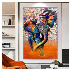 Kleurrijke graffiti -kunstposters en prints Wall Art Animal Picture for Living Room African Wild Elephant Painting Woo