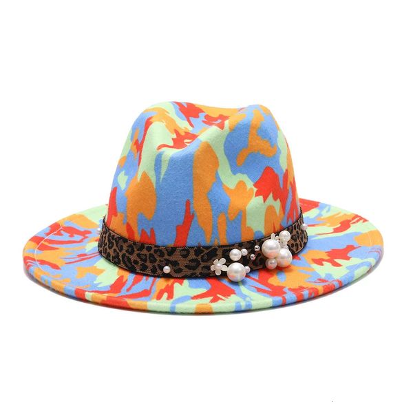 Chapeaux colorés pour les femmes mode plate largeur panama laine en feutre jazz fedora chapeaux pour hommes cravate-dye couleurs chapeau Cap 240401