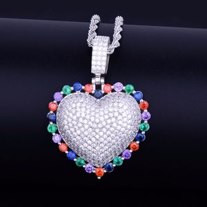 Collier pendentif coeur coloré avec chaîne cubaine couleur or argent Zircon cubique hommes femmes bijoux Hip hop pour cadeau d'amour