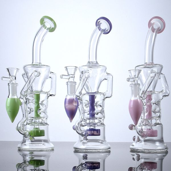 Cachimbas coloridas Reciclador doble Leche Rosa Púrpura Verde Accesorios para fumar Vidrio de agua Bong 14 mm Percolador Perc Dab Plataformas petroleras 4 mm de espesor con tazón HR319