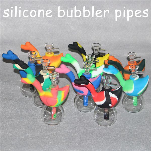 Cachimbas coloridas Bongs de silicona Cisne Pipas de agua de silicona Tubos de burbujas DAB Rig Recipiente de vidrio conjunto de 14 mm y vástago descendente de 3,6 pulgadas DHL