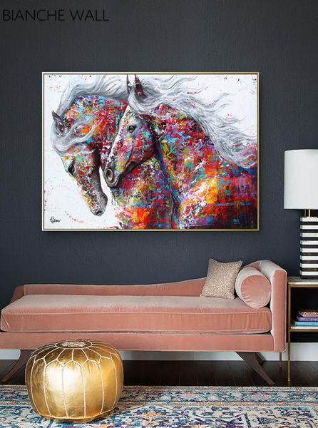 Caballos coloridos de la imagen decorativa del lienzo del lienzo nórdico arte de pared de animales impresos pintura abstracta decoración de sala de estar moderna9499581