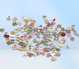 Kleurrijke afbeeldingen100pcslot -stijlen gemengde ontwerpen drijvende medelidcharmlegering charmes voor glazen wonen Landetten sieraden diy9627580