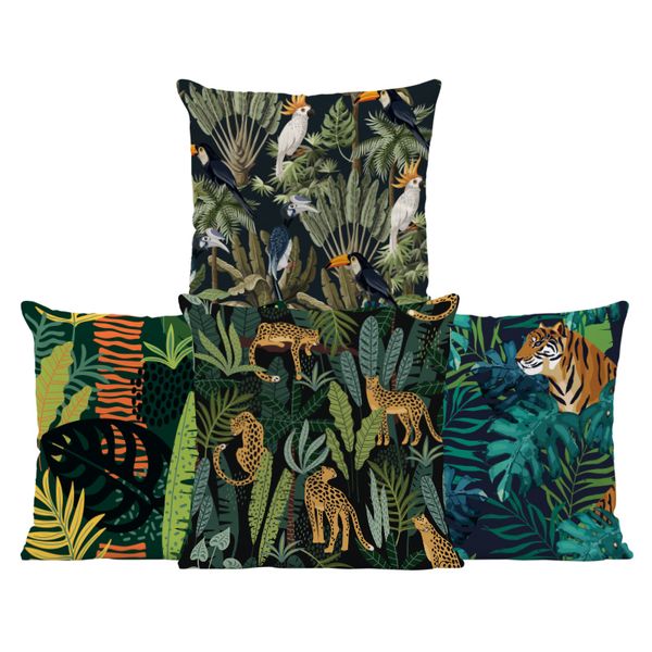 Coloré Jungle Tiger Taie D'oreiller Perroquet Coussin Couvre Éléphant Feuilles Vertes Rainforest Motif Coussins Décor Salon 220623