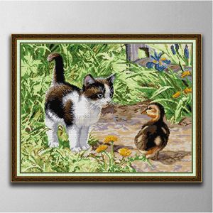 Kleurrijk kitten en gosling stijl diy handgemaakte kruissteek borduurgereedschap handwerksets geteld afdrukken op canvas dmc 14ct 11ct doek