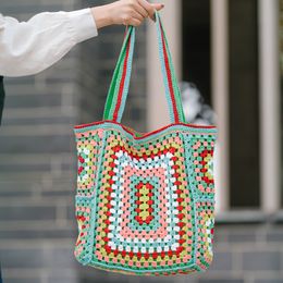 Sac fourre-tout coloré en tricoté, sac de crochet bohème pour femmes, sac à bandoulière de style ethnique pour voyages de voyage