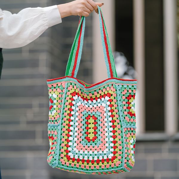 Bolso colorido de punto de punto, bolsa de crochet bohemio para mujeres, bolso de hombro de estilo étnico para viajes de vacaciones