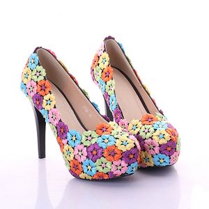 Zapatos de boda de moda con tacón de flor de encaje colorido, zapatos de baile de rendimiento, zapatos de dama de honor para mujer, zapatos de fiesta de graduación nupcial, 12cm