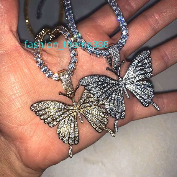 Collier avec pendentif de Tennis coloré pour femmes, breloques exagérées, bijoux hip hop, chaîne cubaine, collier papillon en cristal complet