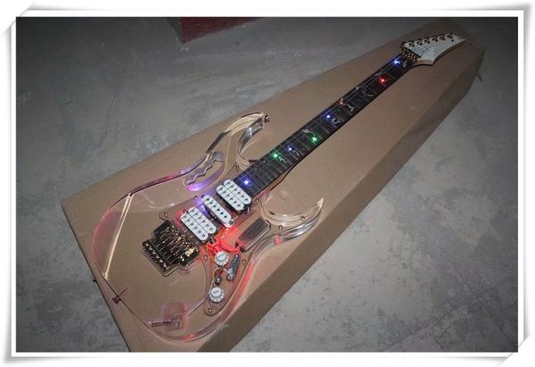 Guitare électrique à corps en acrylique avec lumière LED colorée, avec pont Floyd Rose, touche en palissandre, personnalisable