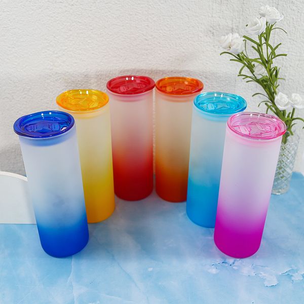 Couvercles colorés !!! Gobelet à sublimation de 25 oz Canette en verre Gradient Color Creative Sequins shape Bottle avec couvercle et paille Summer straight Drinkware Juice Cup Z11