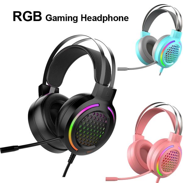 Colorido RGB Light Gaming Headphones USB 7.1 Cableado Reducción de ruido Estéreo Super Bass Auriculares Canal PC Juego Auriculares con micrófono Modi Azul Rosa para niña Auricular