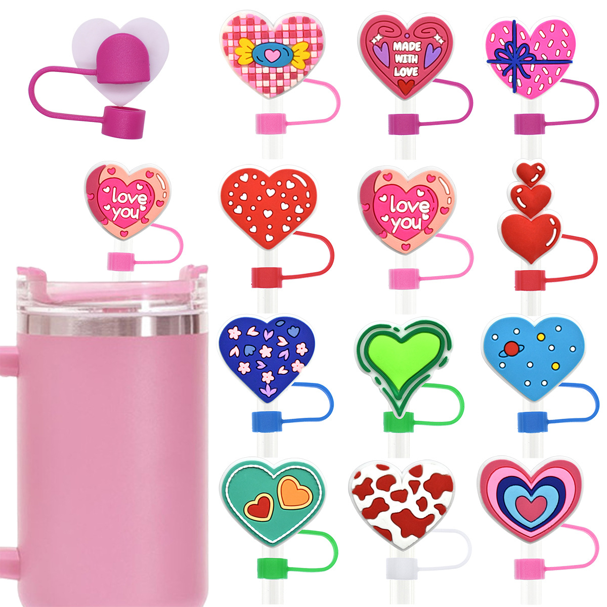 colorful Lover heart straw cap 10mm soft rubber straw decoration love buckle detachable dust cap straw plug