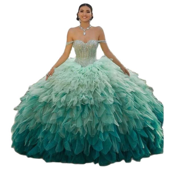 Macaron coloré robes de Quinceanera hors de l'épaule perles douce 15 robe volants Tiere robe de bal vestido para 16 ans