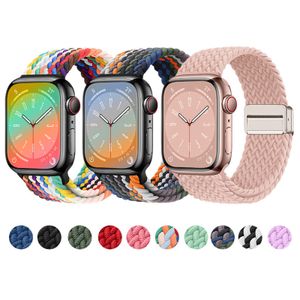 Bande de tissu en nylon magnétique coloré pour Apple Watch Series 8 Ultra 7 6 SE 5 4 3 38 mm 40 mm 41 mm 42 mm 44 mm 49 mm 45 mm Boucle tissée tressée réglable élastique pour bracelet iwatch