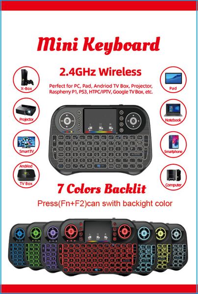 Carpa colorida Recargable 2,4 GHz / Bluetooth Doble banda i10 mini Control de teclado inalámbrico Fly Air Mouse Control remoto Panel táctil Retroiluminación Smart TV Android Box