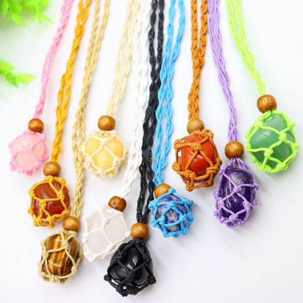 Coloré Pierre Naturelle À La Main Tissé Sac En Maille Pendentif Réglable Collier BRICOLAGE Ligne De Cire Corde Yoge Collier Bijoux Cadeaux