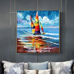 Colorido yate náutico velero en el mar pintura al óleo pintura lienzo arte de la pared hecho a mano paisaje marino para sala de estar dormitorio decoración del hogar barco obras de arte