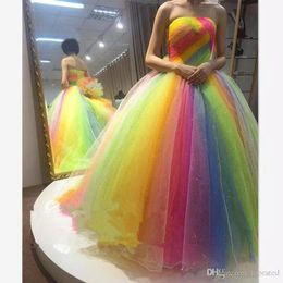 Coloridos nuevos vestidos de arcoiris vestidos de pelota longitudes de piso sin tirantes de encaje de corsé de larga duración de fiesta de fiesta de fiesta formal hecha a personalizada s