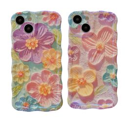 Kleurrijke olieverfschilderij bedrukte bloem glanzende tpu krullende golven rand beschermde telefoonhoesje voor iPhone 15 pro max 14 13 12, schattige cover